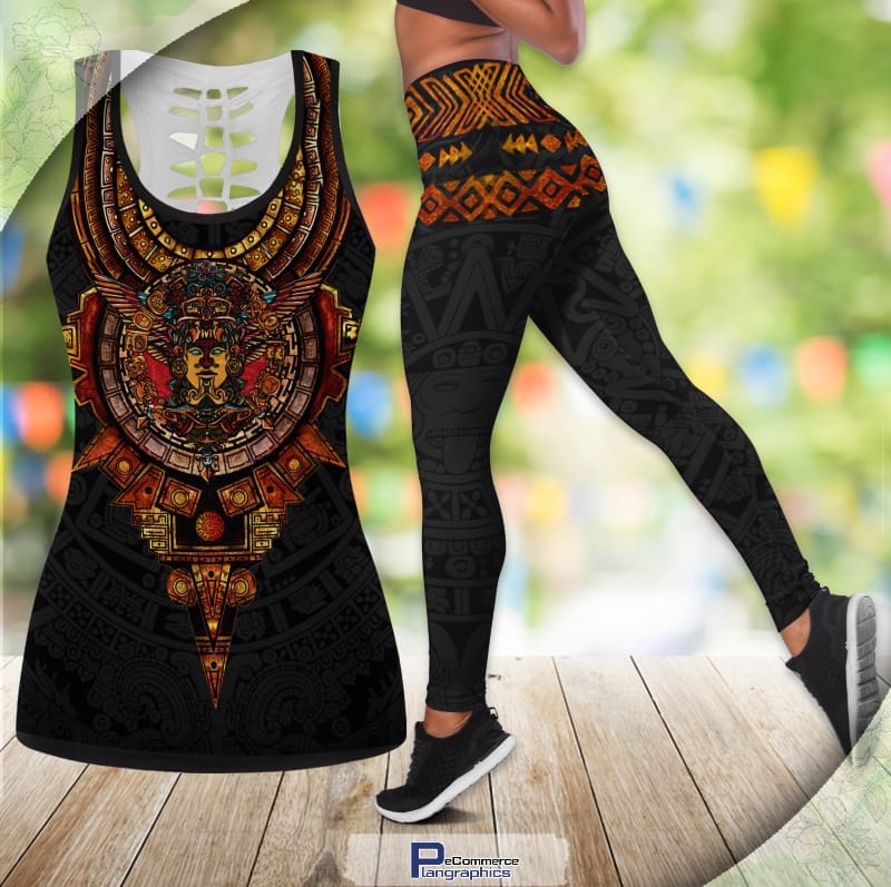 Mexico Aztec Sun Stone Legging and Hollow Out Tank Top
