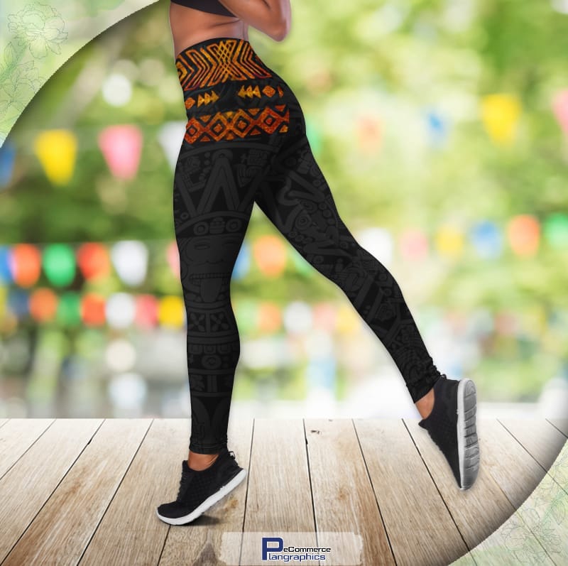 Mexico Aztec Sun Stone Legging and Hollow Out Tank Top
