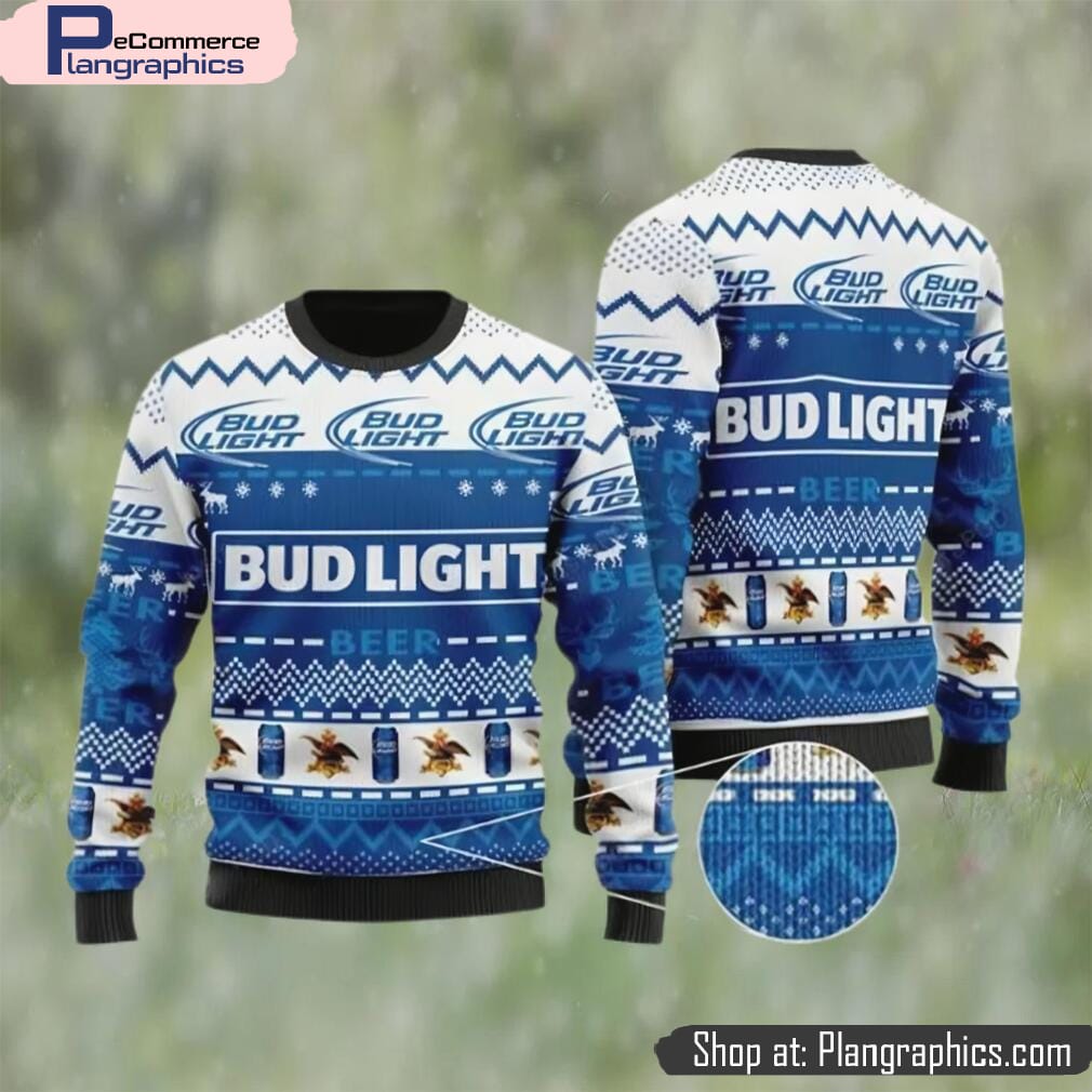 Bud Light Beer White Blue Color Ugly Christmas Sweater, Gifts For Beer Lovers