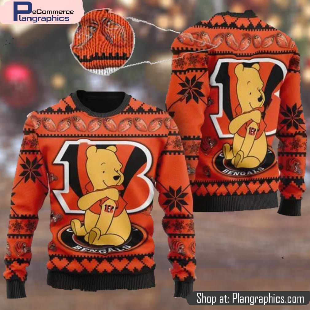 Cincinnati Bengals NFL American Football Team Logo Cute Winnie The Pooh Bear 3D Ugly Christmas Sweater