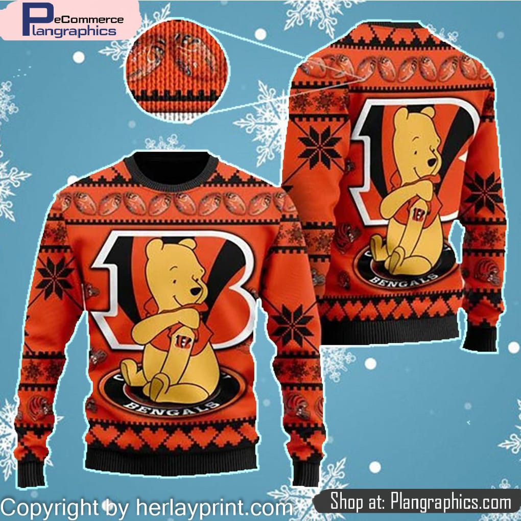 Cincinnati Bengals NFL American Football Team Logo Cute Winnie The Pooh Bear 3D Ugly Christmas Sweater