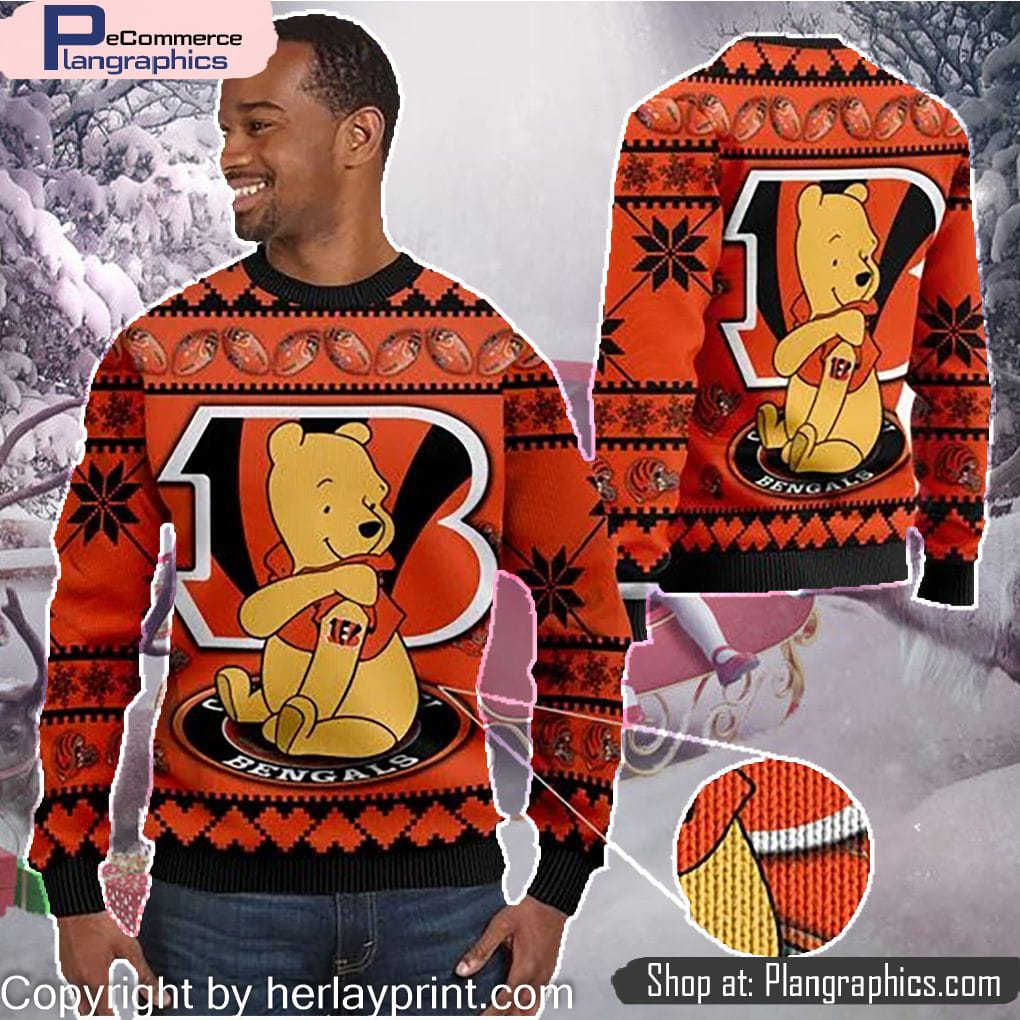 Cincinnati Bengals NFL American Football Team Logo Cute Winnie The Pooh Bear 3D Ugly Christmas Sweater